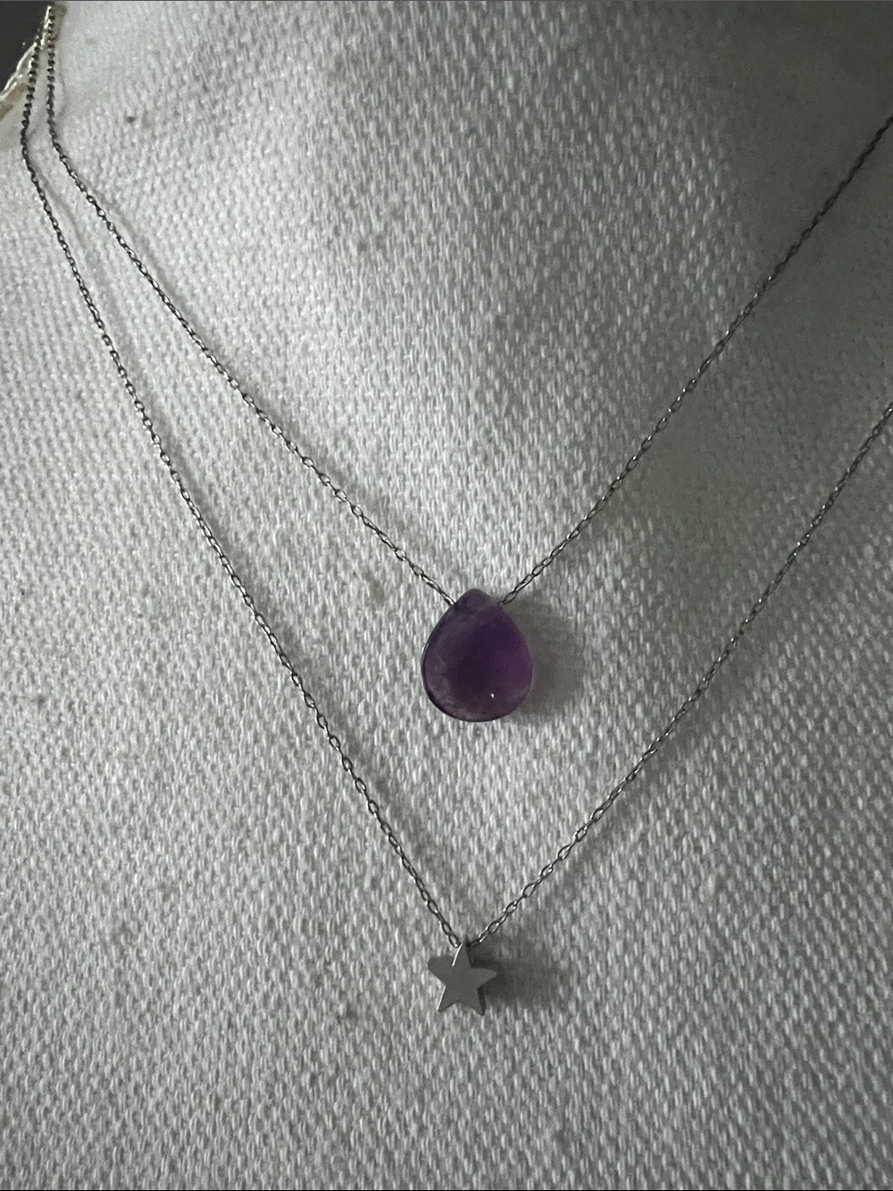 Layered Silver Necklace Set with Purple Teardrop Gem and Star Pendant